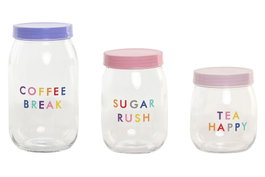 DKD Home Decor Set de 3 Botes de Cristal y PP Impreso
