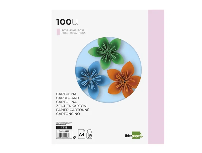 Liderpapel Cartulina A4 180g/m2 Rosa Paquete de 100 Hojas