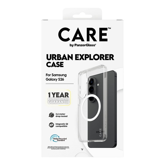PanzerGlass CARE Urban Explorer Case Clear con carga Qi para Samsung Galaxy S26, funda transparente resistente a golpes y rayones