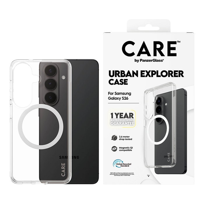 PanzerGlass CARE Urban Explorer Case Clear con carga Qi para Samsung Galaxy S26, funda transparente resistente a golpes y rayones