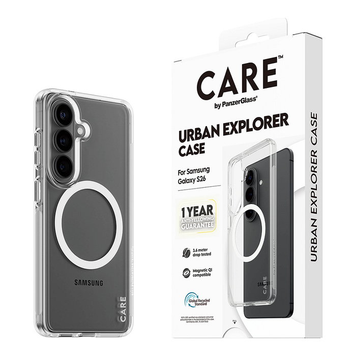 PanzerGlass CARE Urban Explorer Case Clear con carga Qi para Samsung Galaxy S26, funda transparente resistente a golpes y rayones