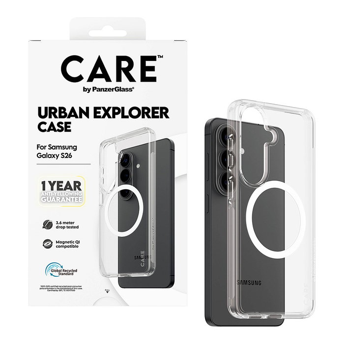 PanzerGlass CARE Urban Explorer Case Clear con carga Qi para Samsung Galaxy S26, funda transparente resistente a golpes y rayones