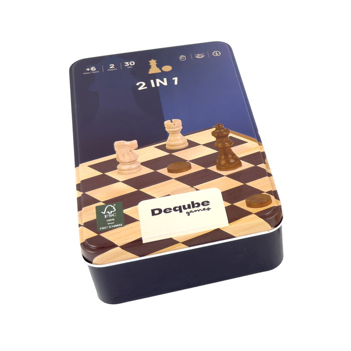 Deqube Set de Ajedrez y Damas de Viaje en Caja Metálica con Piezas de Madera FSC, Portátil - D00326 (Español, Inglés, Portugués)