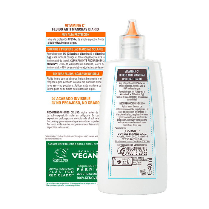 Garnier SUPER UV Vitamina C Anti-Manchas SPF50+ Protector Solar Facial Fluido 40 ml