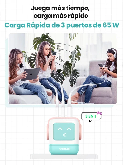 Ugreen Uno RG 65W Cargador GaN con 3 Puertos y Pantalla LED - Azul Ugreen Uno RG 65W Cargador GaN con 3 Puertos y Pantalla LED - Azul