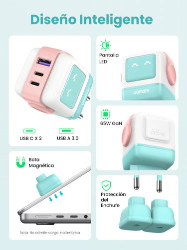 UGREEN Cargador Rápido GaN 65W 3 Puertos USB C/A con Pantalla LED, Azul - Ref. 35855