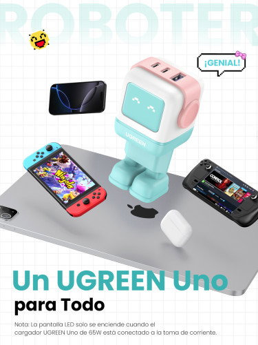 UGREEN Cargador Rápido GaN 65W 3 Puertos USB C/A con Pantalla LED, Azul - Ref. 35855