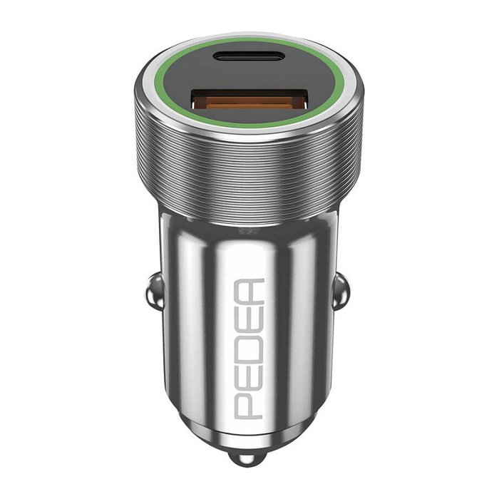 PEDEA 60040110 Cargador de Coche 20W USB-C PD (12V/24V) - Cargador Rápido con Puerto USB-C y USB-A Plata
