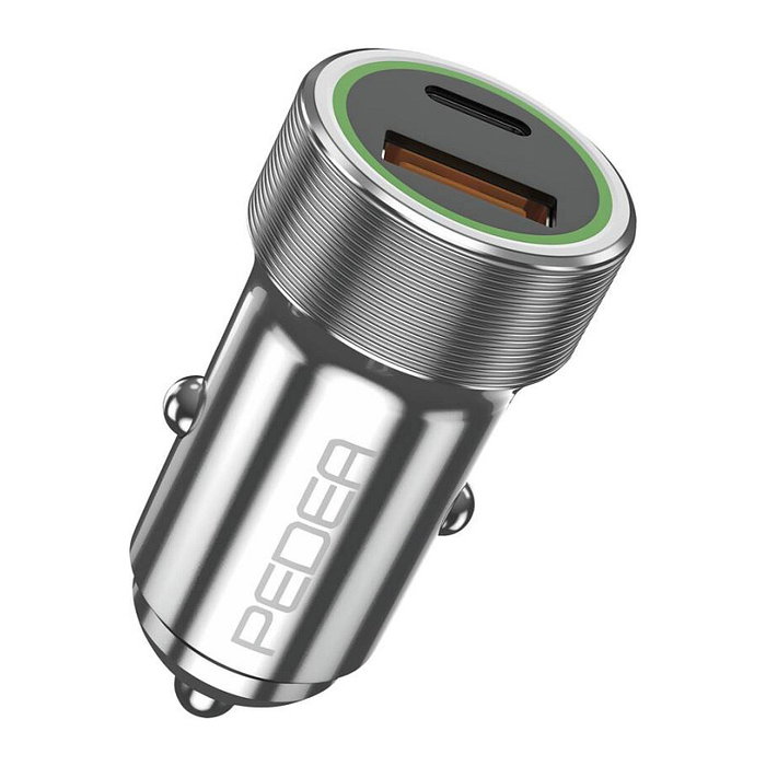 PEDEA 60040110 Cargador de Coche 20W USB-C PD (12V/24V) - Cargador Rápido con Puerto USB-C y USB-A Plata