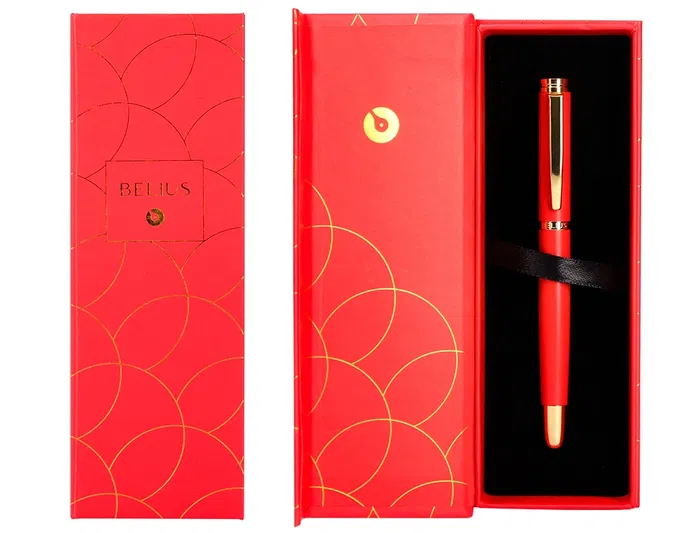 Belius Passion D'or Bolígrafo Rojo y Dorado Aluminio Textura Cepillada Tinta Azul Caja Diseño