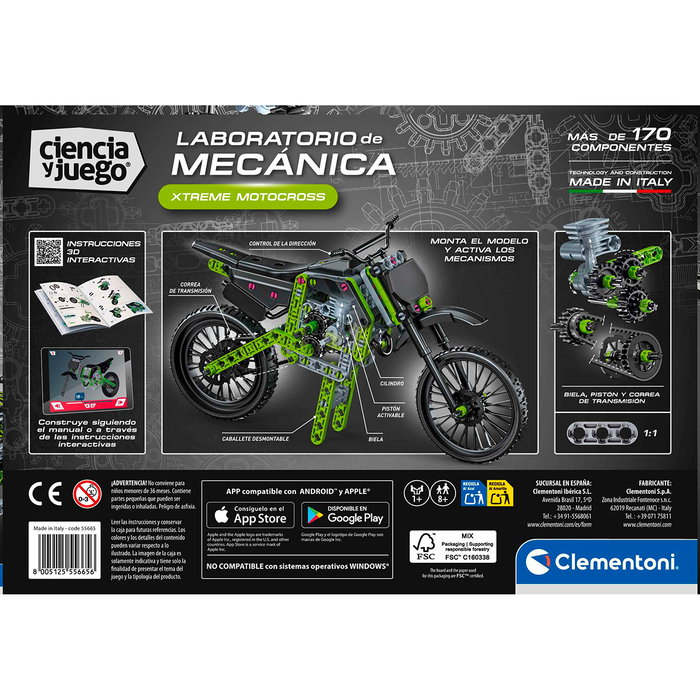 Clementoni Xtreme Motocross Mechanics 55665 - Kit de Construcción de Moto de Cross con Mecanismos Funcionales, para Niños +8 Años