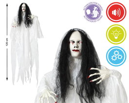 Decoración Terrorífica Novia Fantasma Blanca de 120 cm con Sonido e Iluminación Activada por Ruido - Colgante con Pelo Largo y Efectos