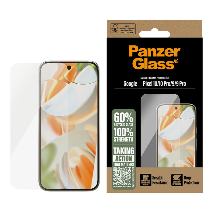 PanzerGlass Protector de Pantalla de Cristal Templado para Google Pixel 10, 10 Pro, 9, 9 Pro - Aplicación en Seco, Resistente a Golpes - CF