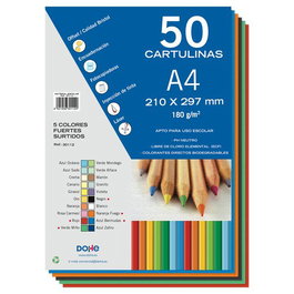 Cartulina A4 Dohe 180G Surtido Fuerte Paquete De 50 (Rojo, Verde Miño, Naranja Fuego, Negro, Azul Bermudas)