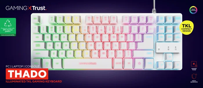 Trust GXT 833W Thado Teclado Gaming TKL Tenkeyless 87 Teclas USB Retroiluminación LED RGB Multicolor Blanco QWERTY Español