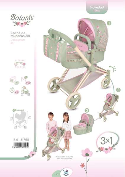Decuevas Coche de Muñeca 3 en 1 Plegable Botanic para Muñecas de hasta 50 cm - Medidas 79x65x38 cm - Edad Recomendada 3 Años