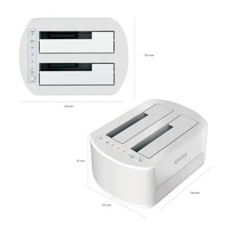 Aisens Docking Station ASDS-D02W para Discos Duros SATA 2.5 y 3.5 - Clonador de Discos sin PC, USB 3.0, Blanco, Compatible con HDD y SSD