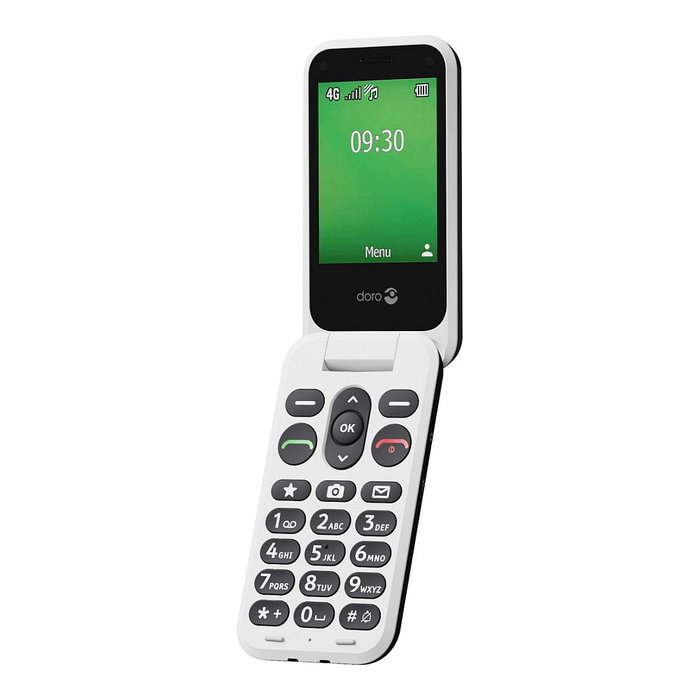 Doro Leva E30 Teléfono Móvil 4G LTE Negro Blanco, Pantalla Externa TFT 1.77", Cámara 0.3 MP, 128 MB, Batería 1150 mAh Extraíble, IP55, Concha, NanoSIM