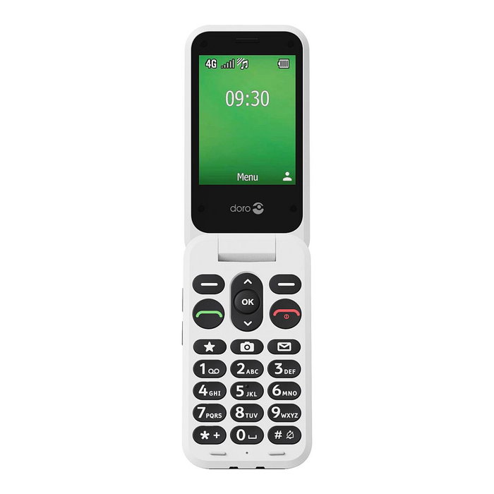 Doro Leva E30 Teléfono Móvil 4G LTE Negro Blanco, Pantalla Externa TFT 1.77", Cámara 0.3 MP, 128 MB, Batería 1150 mAh Extraíble, IP55, Concha, NanoSIM