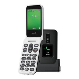 Doro Leva E30 Teléfono Móvil 4G LTE Negro Blanco, Pantalla Externa TFT 1.77", Cámara 0.3 MP, 128 MB, Batería 1150 mAh Extraíble, IP55, Concha, NanoSIM