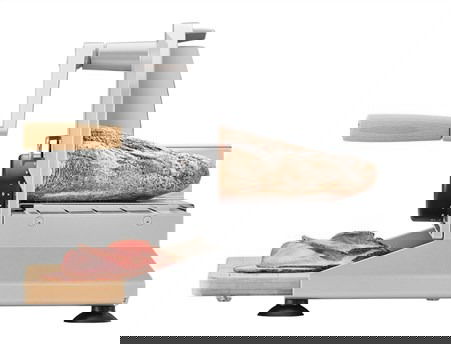 Ritter PIATTO-5 Cortafiambres Manual con Hoja Dentada de 17 cm y Tabla de Bambú FSC, Acabado Plateado Metálico