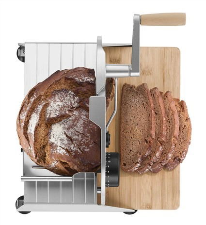 Ritter PIATTO-5 Cortafiambres Manual con Hoja Dentada de 17 cm y Tabla de Bambú FSC, Acabado Plateado Metálico