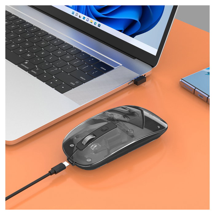 MANHATTAN 190268 Ratón Inalámbrico Óptico USB-A 4 Botones RGB LED Ambidiestro 1600 DPI Negro Transparente Recargable Batería Integrada