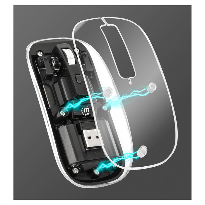 MANHATTAN 190268 Ratón Inalámbrico Óptico USB-A 4 Botones RGB LED Ambidiestro 1600 DPI Negro Transparente Recargable Batería Integrada