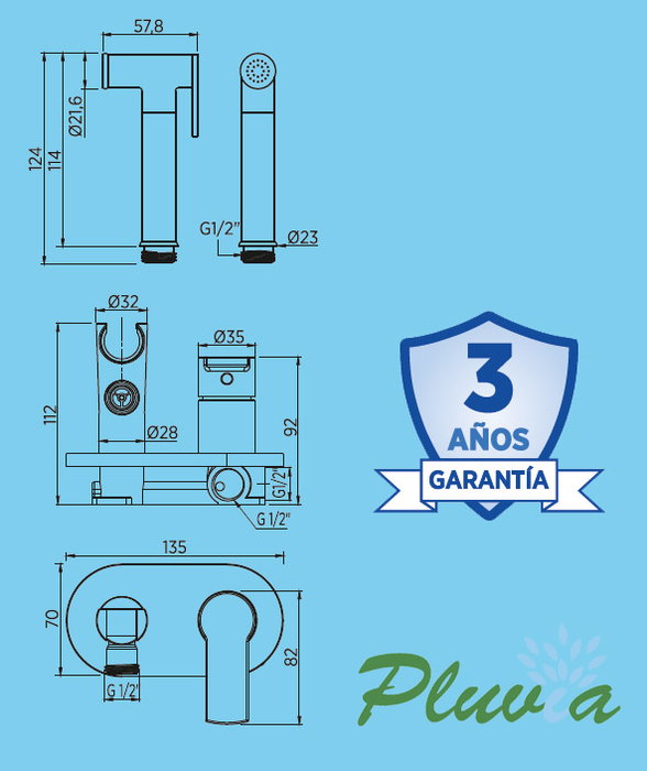 Conjunto higiénico con ducha de lluvia y monomando mezcla fría/caliente Conjunto higiénico con ducha de lluvia y monomando mezcla fría/caliente