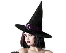 Atosa Sombrero de Bruja Negro con Cinta de Terciopelo Morada y Hebilla