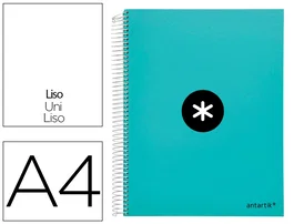 Antartik Cuaderno espiral A4, 120 hojas, 90 gr, liso, 5 bandas, 4 taladros, color menta
