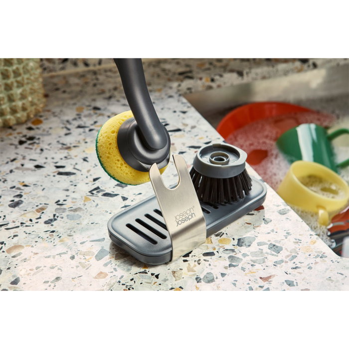 Joseph Joseph SinkTech Set de Cepillo y Esponja con Soporte de Acero Inoxidable, Negro