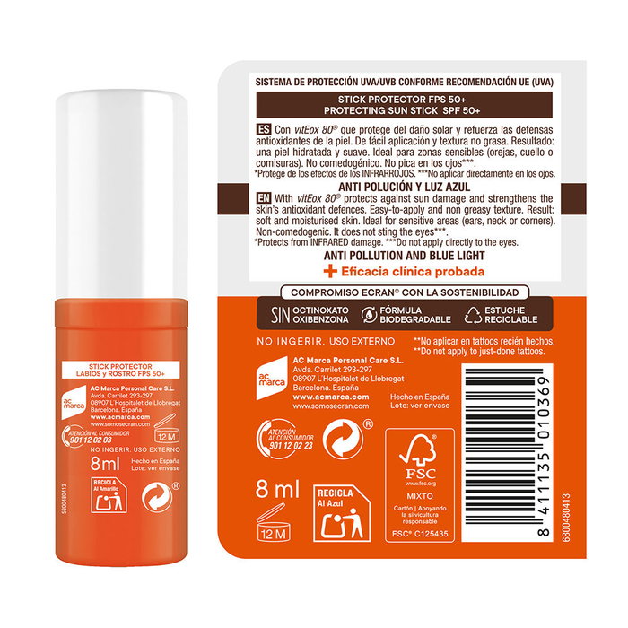 ECRAN - Bálsamo Solar Stick SPF50+ para Labios y Rostro con Vitamina E, Antioxidante y No Comedogénico - 8 ml