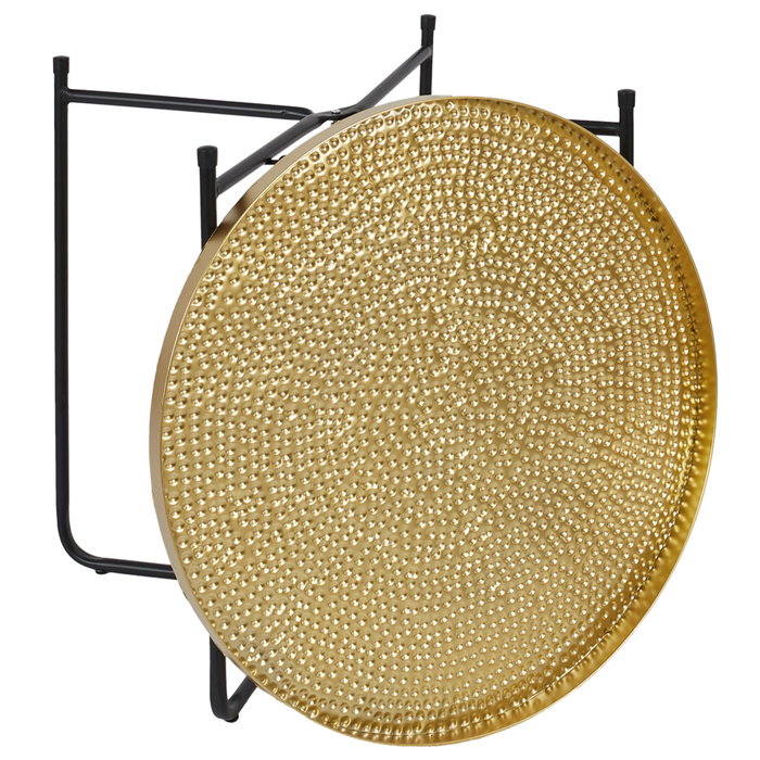 Home Deco Factory Mesa Auxiliar Mirage Metal Hierro Bandeja Dorada Martillada Patas Negras Plegable Diámetro 50 cm Alto 45 cm