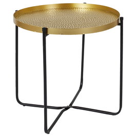 Home Deco Factory Mesa Auxiliar Mirage Metal Hierro Bandeja Dorada Martillada Patas Negras Plegable Diámetro 50 cm Alto 45 cm