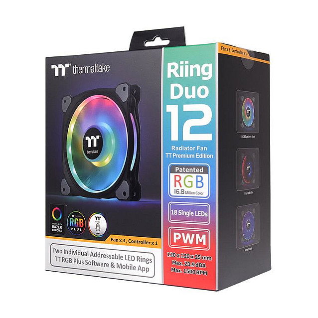Thermaltake Riing Duo 12 RGB Ventilador para Radiador de 120mm, Pack de 3, Negro