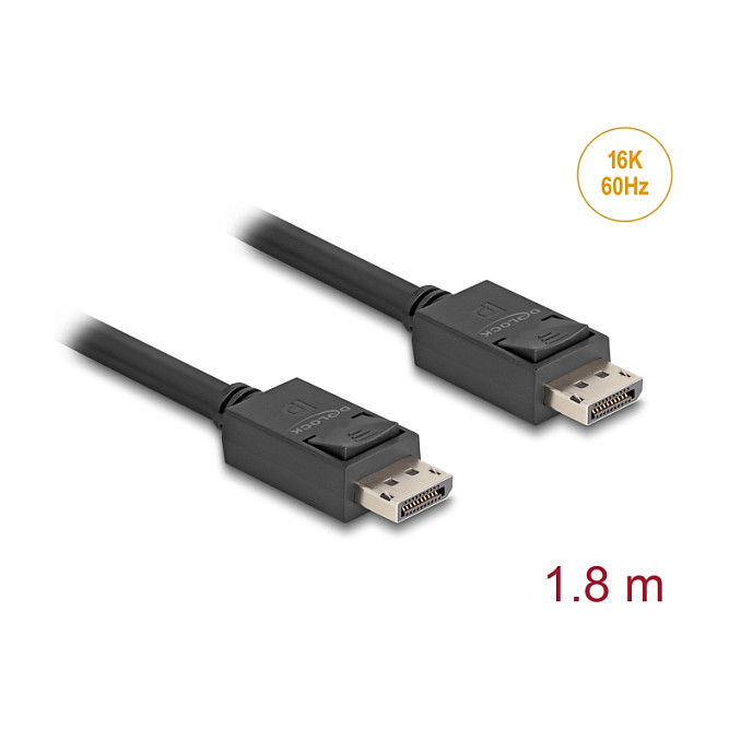 DeLOCK Cable DisplayPort 2.1 81175, 1.8m, 80 Gbps, 16K 60Hz, Resolución 15360 x 8640, Macho/Macho, Negro DeLOCK Cable DisplayPort 2.1 81175, 1.8m, 80 Gbps, 16K 60Hz, Resolución 15360 x 8640, Macho/Macho, Negro
