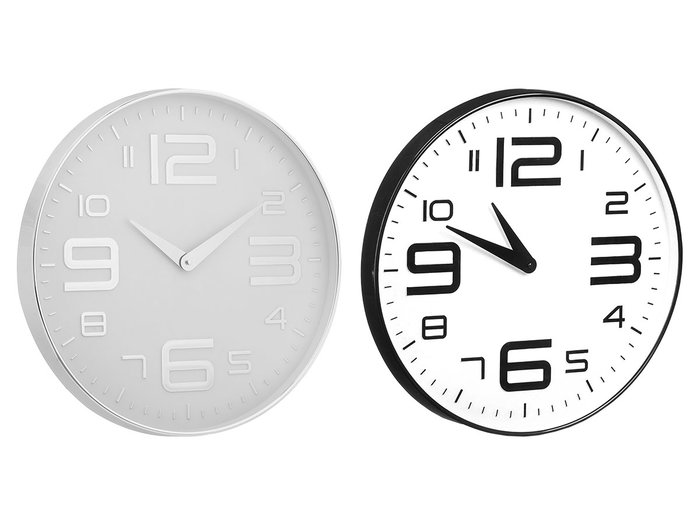 Giftdecor Reloj Redondo 30 cm Números Grandes Surtidos Plástico y Vidrio Esfera Blanca Plástico PP Color Negro y Plata (Set de 12)