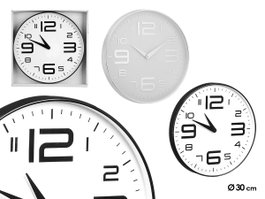 Giftdecor Reloj Redondo 30 cm Números Grandes Surtidos Plástico y Vidrio Esfera Blanca Plástico PP Color Negro y Plata (Set de 12)