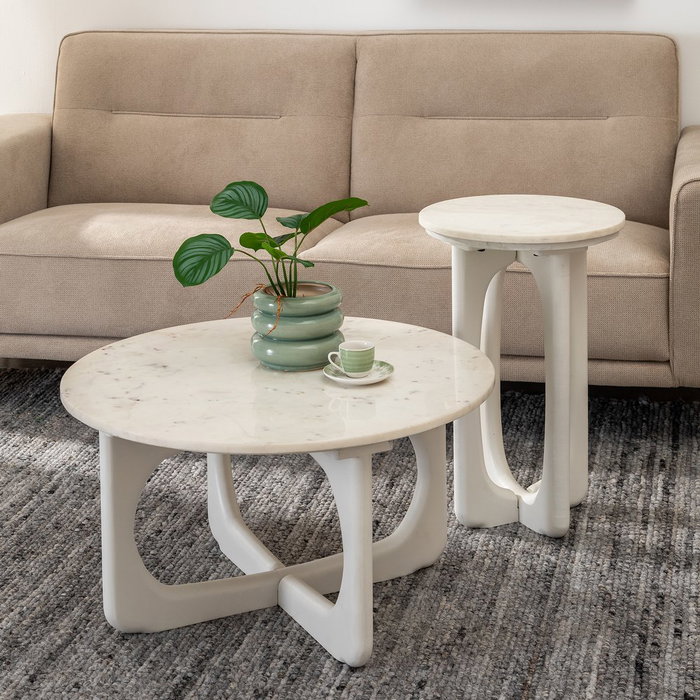 Mesa Centro Blanco Mármol/Madera Salón 75 X 75 X 40 cm