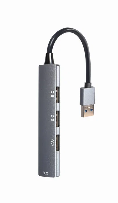 Gembird UHB-U3P1U2P3-02 Hub USB 3.0 de 4 Puertos (1 x USB 3.0, 3 x USB 2.0) con Cable Integrado, Color Gris, Transferencia de Datos hasta 5 Gbps