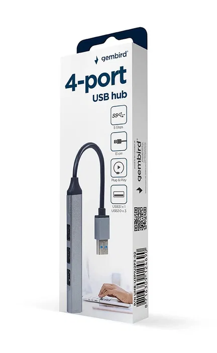 Gembird UHB-U3P1U2P3-02 Hub USB 3.0 de 4 Puertos (1 x USB 3.0, 3 x USB 2.0) con Cable Integrado, Color Gris, Transferencia de Datos hasta 5 Gbps