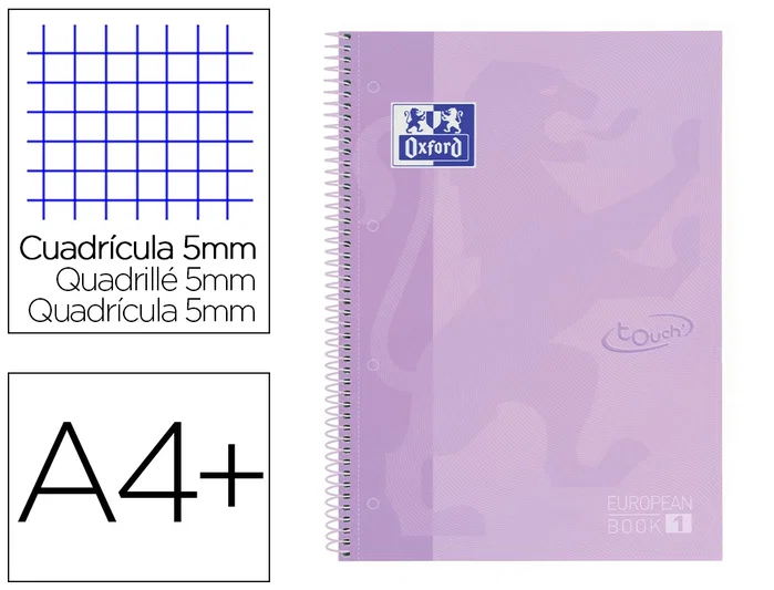 Oxford Cuaderno espiral Ebook 1 School Touch Din A4+ 80 hojas cuadro 5 mm malva pastel