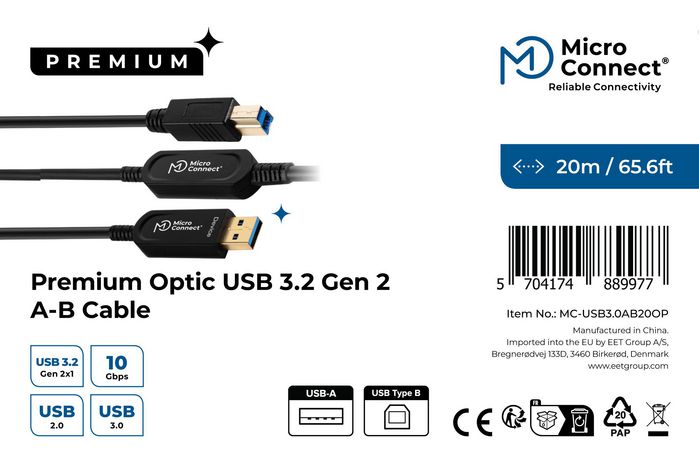 MicroConnect Cable USB de Fibra Óptica Premium USB 3.2 Gen 2 A-B, 20m