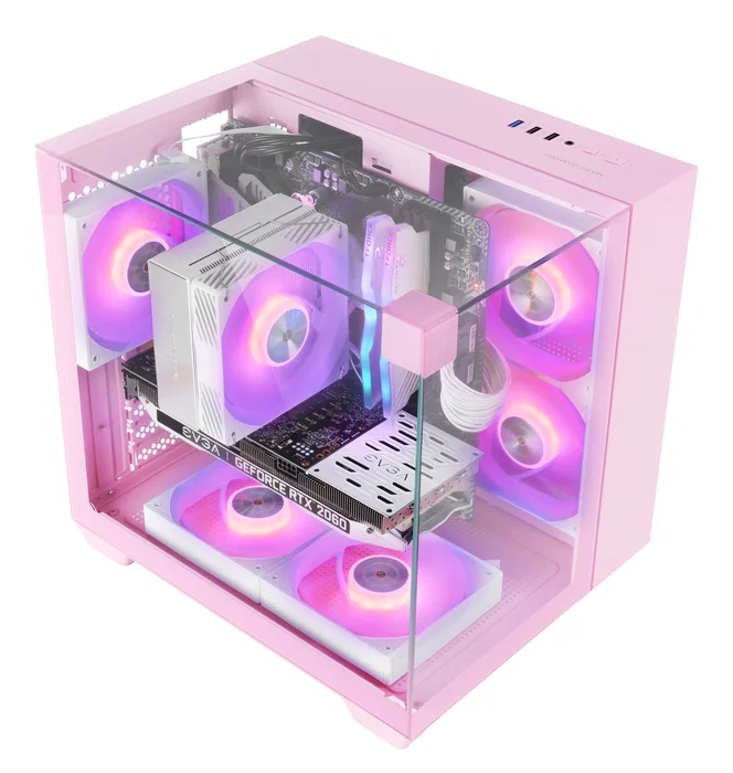 Mars Gaming MC-VISIONMP Caja Gaming Mini Torre MicroATX con Triple Cristal Templado Panorámico, Refrigeración Líquida 240mm, GPU 330mm, 1x3.5", 1x2.5", Gestión de Cables, Color Rosa