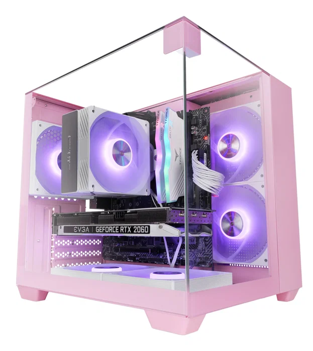 Mars Gaming MC-VISIONMP Caja Gaming Mini Torre MicroATX con Triple Cristal Templado Panorámico, Refrigeración Líquida 240mm, GPU 330mm, 1x3.5", 1x2.5", Gestión de Cables, Color Rosa