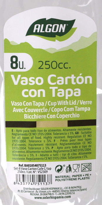 Algon Set 8 Vasos de Cartón para Café con Tapa 250 Cc (36 Unidades)