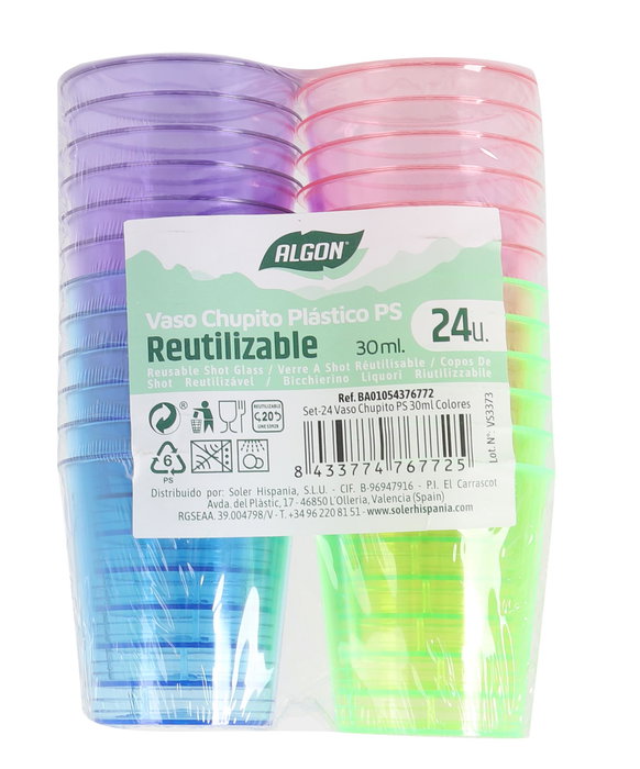 Algon Set 24 Vasos Chupito PS 30 ml Colores Ø4 cm (24 Unidades)