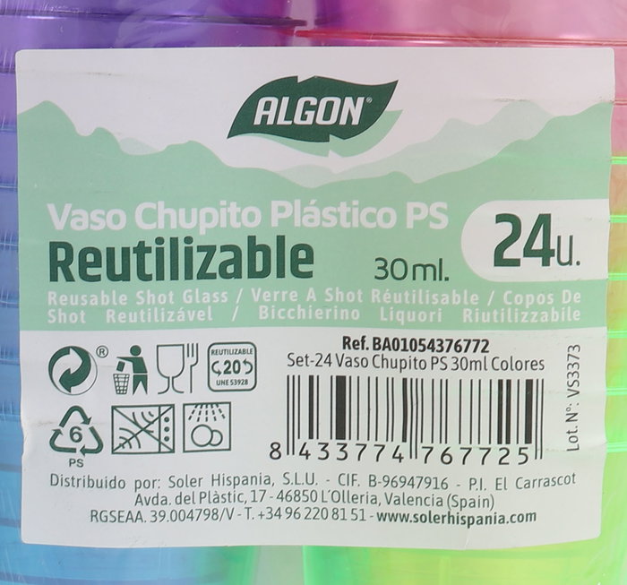 Algon Set 24 Vasos Chupito PS 30 ml Colores Ø4 cm (24 Unidades)