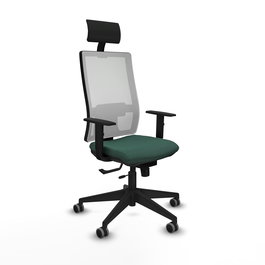 Silla de oficina Horna con mecanismo Sincro/Traslack tapizada con Tela color Verde botella y malla color Blanco. Equipada con lumbar 1D, Brazos 1D, Cabecero Fijo y Ruedas 65 mm parqué